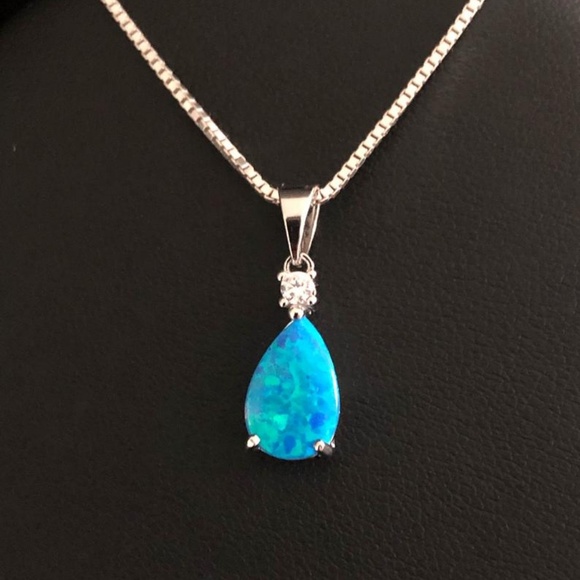 Sterling Silver Blue Opal CZ Necklace - Picture 3 of 8